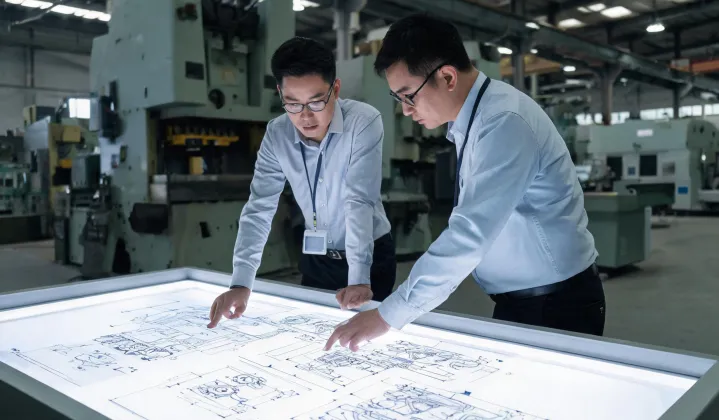 Buyer and coordinator reviewing a stamping press requirement brief