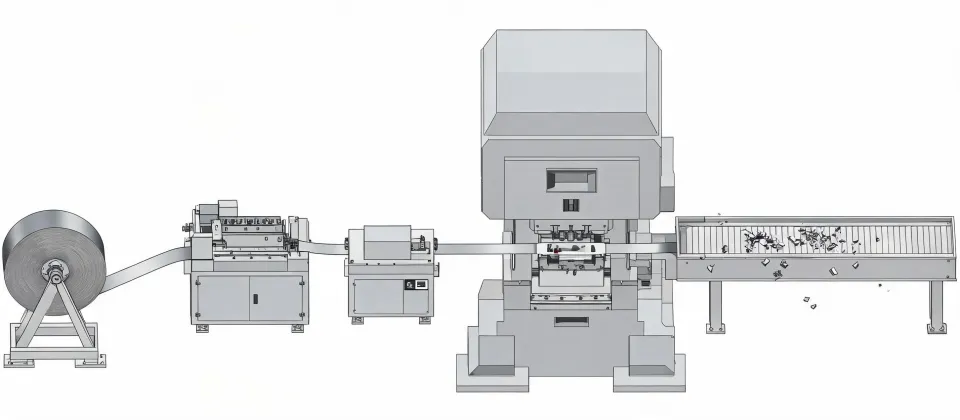 Schematic of a stamping cell with press, feeder and scrap conveyor